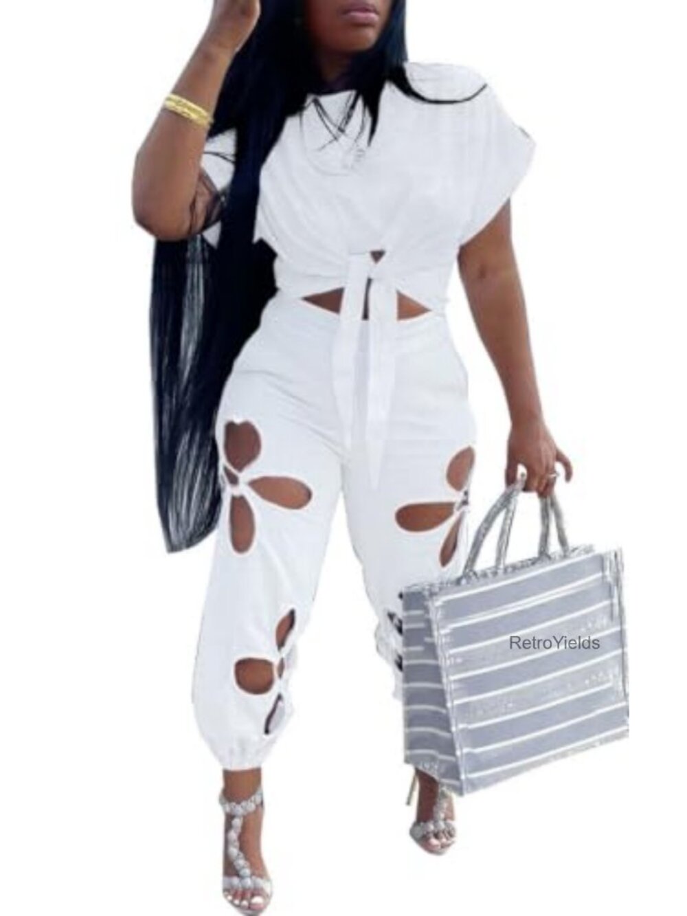 Women's 2 Piece Outfit Tie Front Crop Top & Cinch Bottom Pants Set